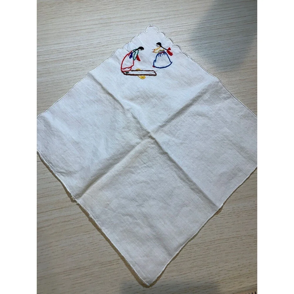Vintage 2 Square Hankies, Hanky, Embroidered 2 Girls playing on one corner 8.5